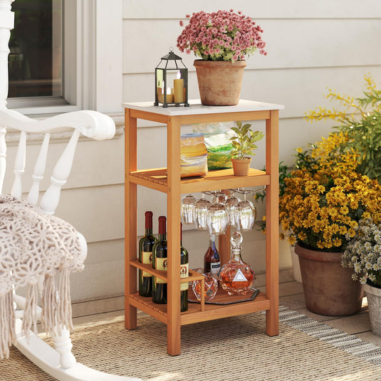 Goplus 3-Tier Patio Buffet Cabinet Bar Table with Faux Marble Countertop