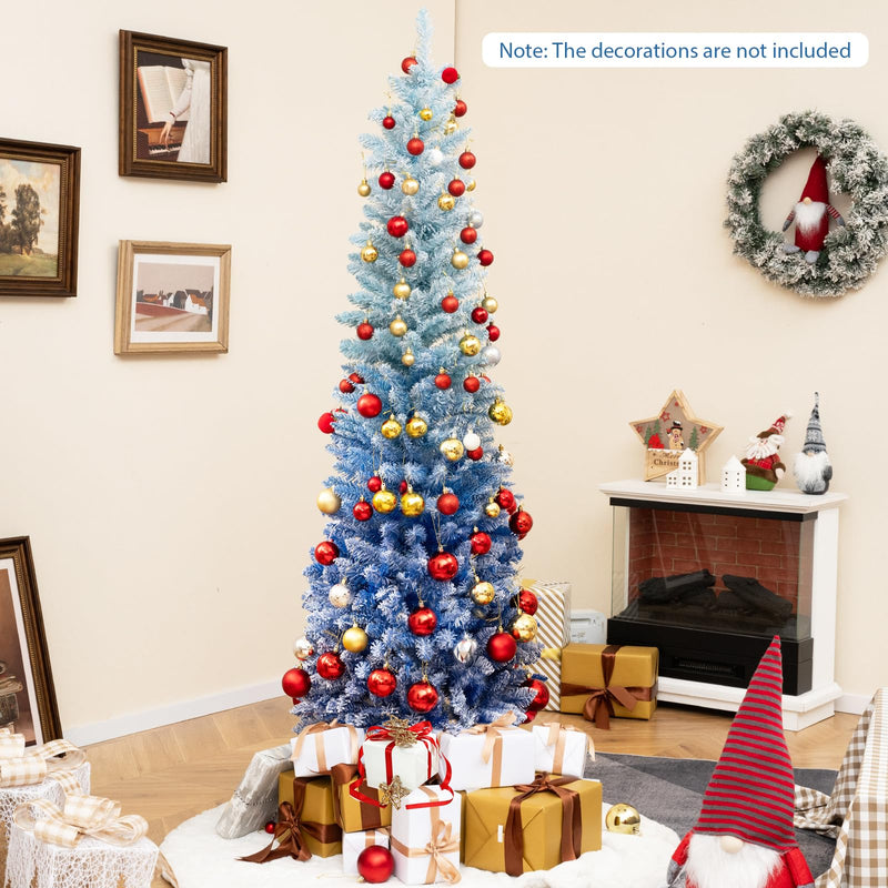 Load image into Gallery viewer, Goplus 6 FT Blue Gradient Snow Flocked Christmas Tree, Artificial Unlit Hinged Xmas Full Tree with 435 Lush Branch Tips
