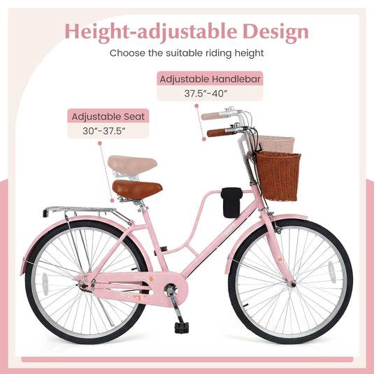 Goplus 24/26-Inch Beach Cruiser Bike for Women w/ Cup Holder Basket & Front Rear Reflectors