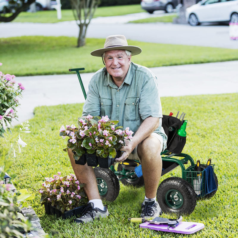 Load image into Gallery viewer, Goplus Rolling Garden Cart, Garden Scooter with Seat &amp; Tool Storage, Outdoor Gardening Workseat
