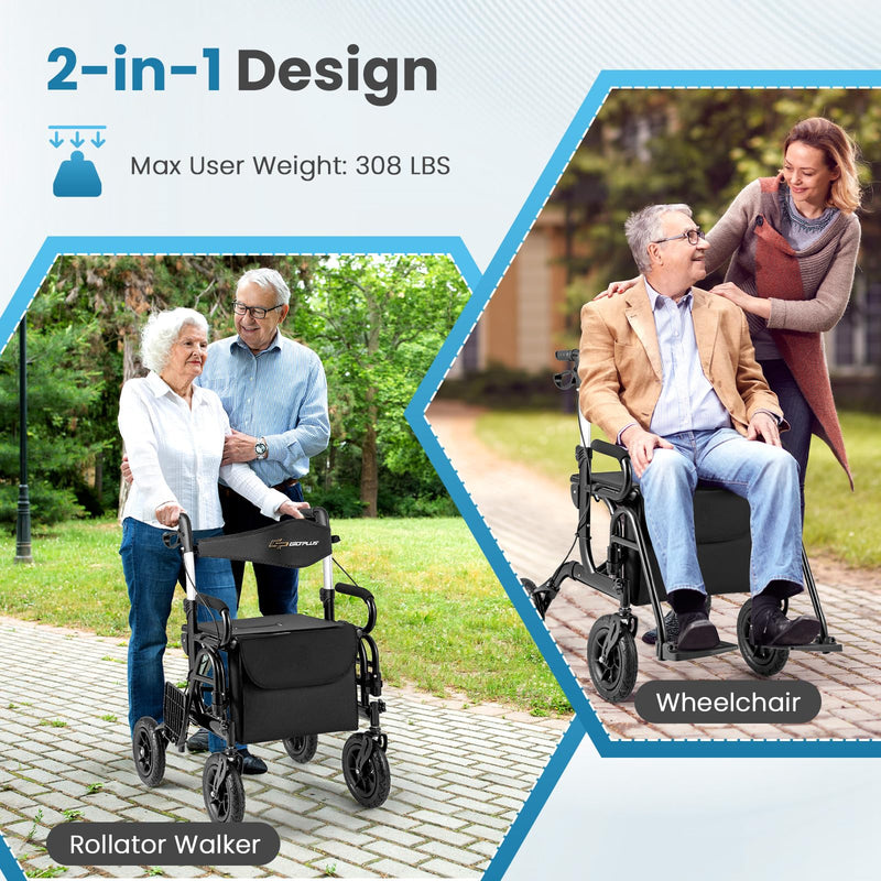 Load image into Gallery viewer, 2 in 1 Folding Rolling Rollator Walker &amp; Wheelchair Combo with Brakes

