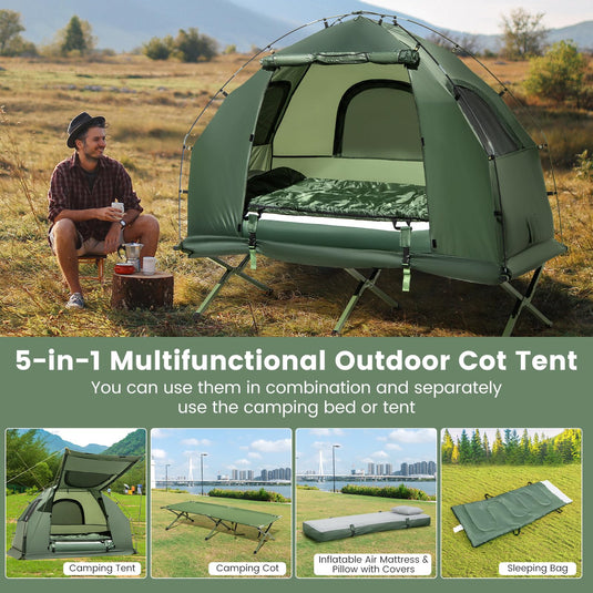 Goplus Camping Tent Cot, 5-in-1 Folding Camping Bed with Air Mattress, Pillow, Sleeping Bag, Waterproof Elevated Tent Shelter