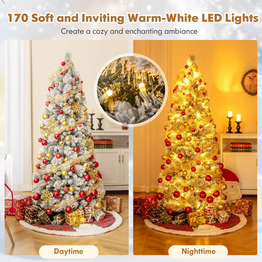 Goplus 6ft / 7ft Pre-Lit Pop Up Christmas Tree Collapsible Snow Flocked Artificial Xmas Tree