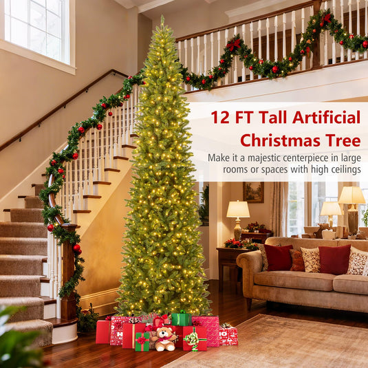 Goplus 12 FT Tall Pre-Lit Slim Pencil Christmas Tree | Holiday Party Decoration