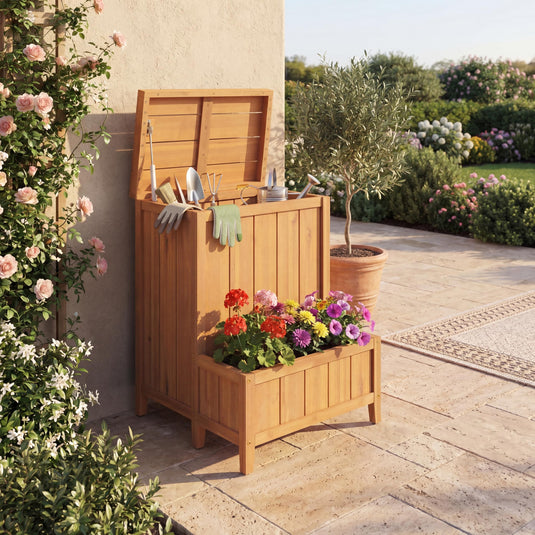 Goplus Wood Package Delivery Box with Planter Box | Multi-purpose Outdoor Storage Container