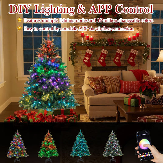 Goplus Smart Pre-Lit Artificial Christmas Tree with Remote Control APP-Controlled Multicolored RGB Lights