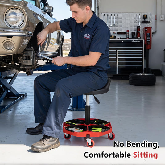 Goplus Rolling Mechanic Stool with Tool Storage Tray | PU Leather Seat Cushion