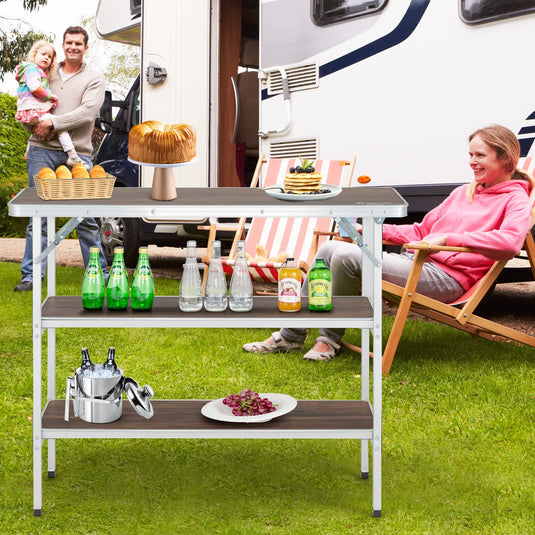 Goplus Folding Camping Table, Aluminum Portable Pop-Up Bar Table with 2-Tier Storage Shelves