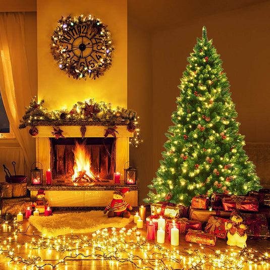 Goplus 6.5FT Pre-Lit Christmas Tree with 1100 Branch Tips Pine Cones and Red Berries