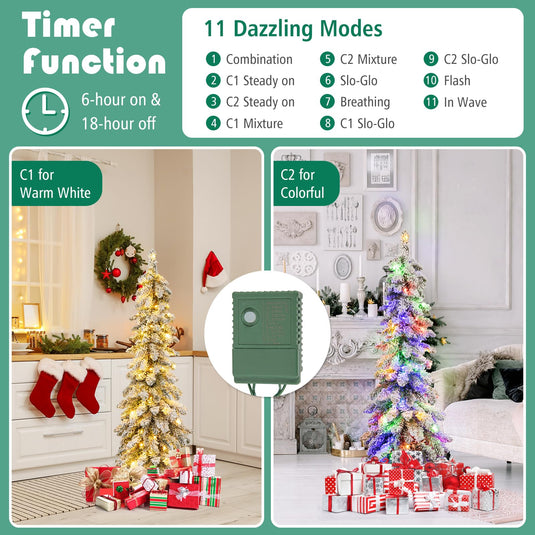 Goplus Pre-Lit Flocked Pencil Christmas Tree Artificial Slim Xmas Tree