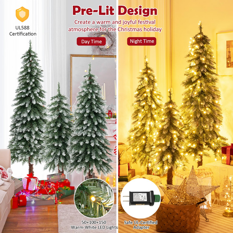 Load image into Gallery viewer, Goplus 3&#39; 4&#39; 5&#39; Pre-Lit Artificial Christmas Tree Set, Slim Pencil Xmas Trees with Snowy Leaves
