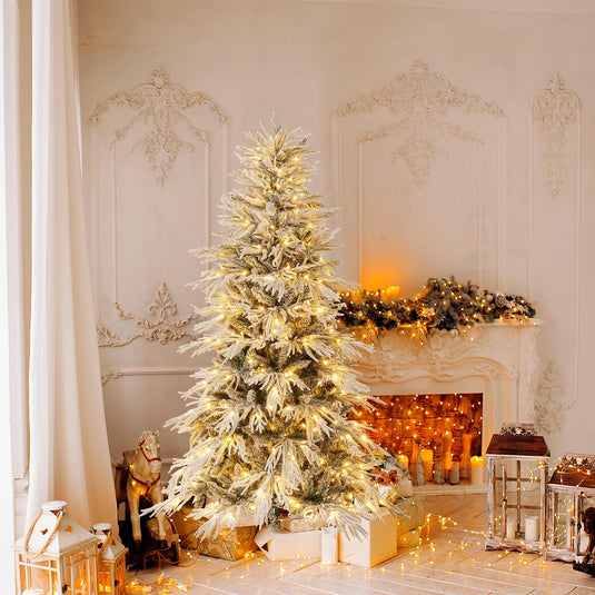 Goplus 6FT / 7FT / 8FT Pre-Lit Snow Flocked Christmas Tree with PE & PVC Mixed Branch Tips