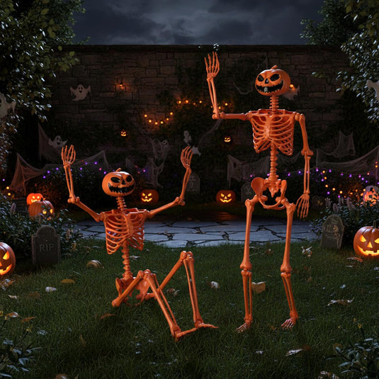 Goplus 5.2 Ft Life-Size Posable Skeleton with Pumpkin Head Halloween Orange Skeleton Decoration