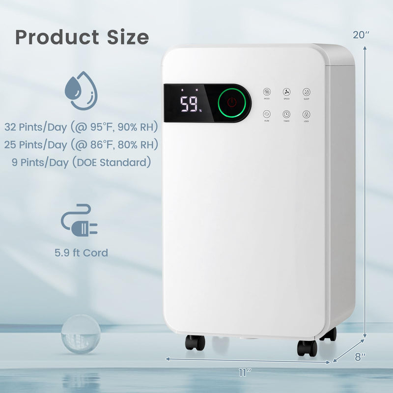 Load image into Gallery viewer, 32 Pints Dehumidifier with Sleep Mode, 24H Timer, 3-Color LED Indicator Light &amp; Child Safety Lock, for Space up to 2500 Sq. Ft
