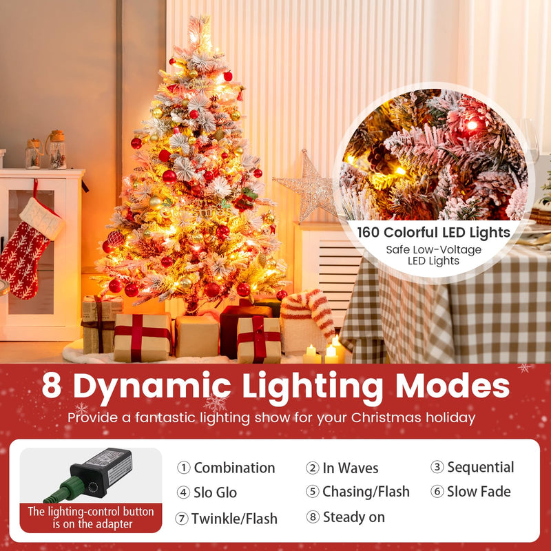 Load image into Gallery viewer, Goplus Pre-Lit Snow Flocked Christmas Tree, Artificial Hinged Xmas Tree with 160 Multi-Color LED Lights
