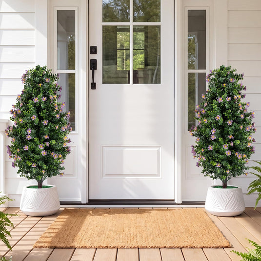 Goplus Set of 2 Artificial Topiary Trees | 3 FT Fake Bushes w/ Round Leaves and Blossoms