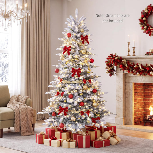 Goplus 6ft/7ft Pre-Lit Snow Flocked Christmas Tree with Warm White LED Lights & Folding Metal Stand