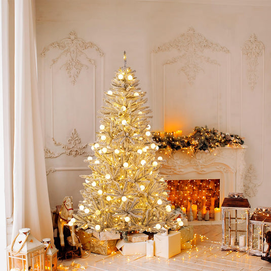 Goplus Pre-Lit Snow Flocked Christmas Tree with Warm White LED Lights & Globe Lights