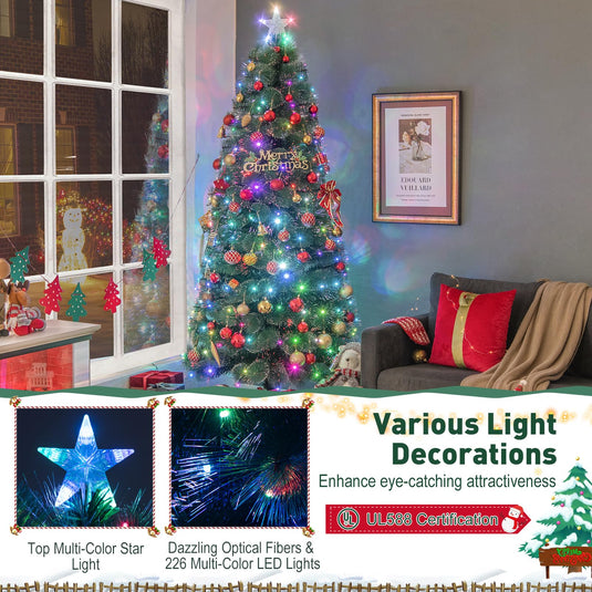 Goplus 7ft Pre-Lit Fiber Optic Christmas Tree Snowy Pine Needles
