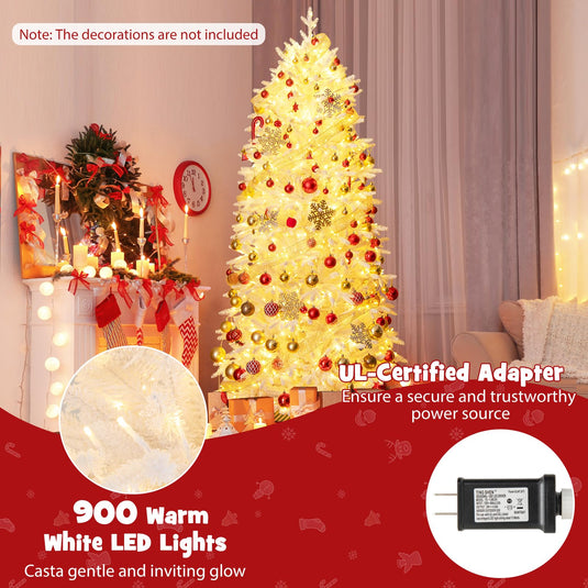 Goplus 7ft Pre-Lit White Christmas Tree with Wheels & 900 Warm White LED Lights