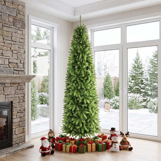 7.5/9/10/12 FT Artificial Pencil Christmas Tree | Green Realistic Fir Xmas Tree