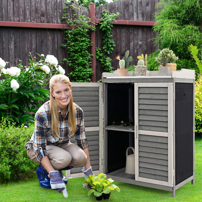 Load image into Gallery viewer, Goplus Outdoor Potting Bench Table, Garden Storage Cabinet w/Metal Tabletop
