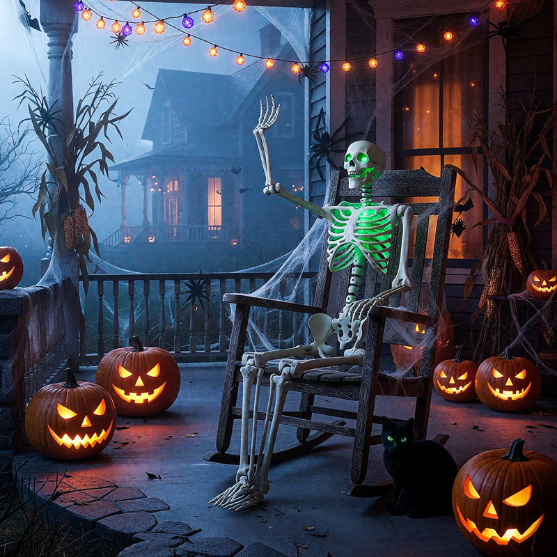 Load image into Gallery viewer, Goplus 63&quot; Life-Size Posable Skeleton with Green LED Lights Halloween Lighted Skeleton Decoration
