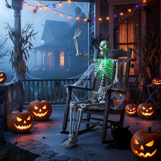 Goplus 63" Life-Size Posable Skeleton with Green LED Lights Halloween Lighted Skeleton Decoration