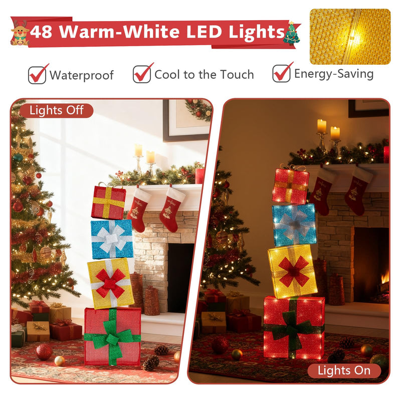 Load image into Gallery viewer, Goplus 4 Ft Lighted Gift Boxes Stackable, Pre-lit Xmas Boxes Decoration w/LED Lights
