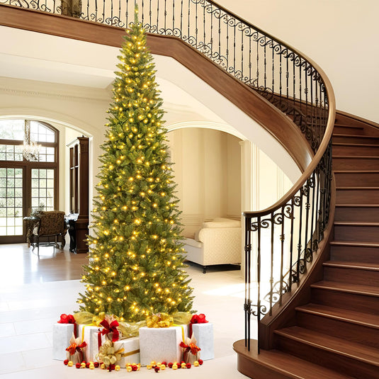 Goplus 12ft Pre-Lit Artificial Christmas Tree with 360° Quick Power Connector