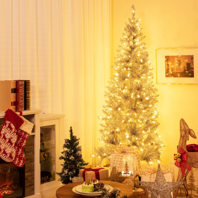 Load image into Gallery viewer, Goplus 6ft Pre-lit Silver Pencil Christmas Tree, Artificial Tinsel Electroplated Tree, Decor for Home
