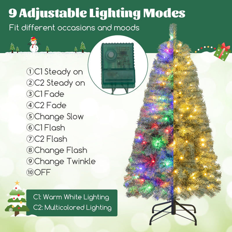 Load image into Gallery viewer, Goplus 4.5ft Pre-Lit Blue Slim Pencil Christmas Tree, with 100 Warm White &amp; Multicolored LED Lights, 9 Modes, 256 Branch Tips
