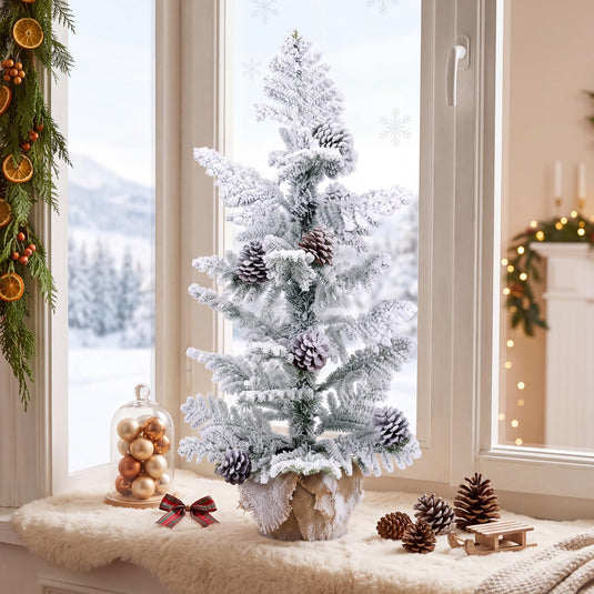 Goplus 3ft Tabletop Snow Flocked Christmas Tree | Mini Xmas Tree with 25 Cypress PE Leaves