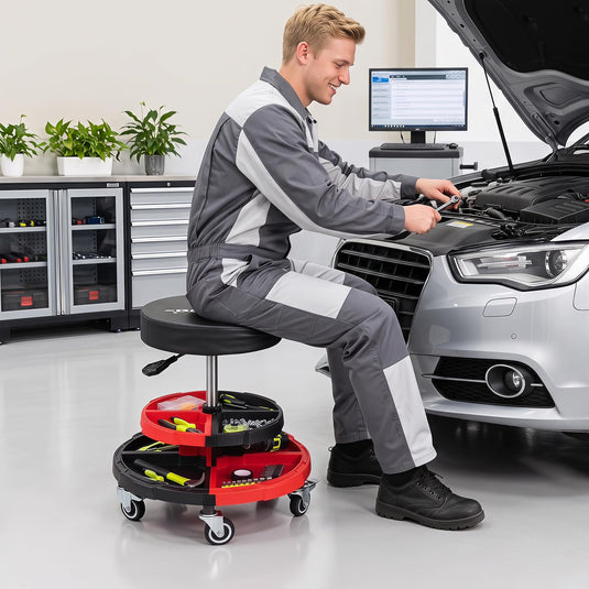Goplus Rolling Mechanic Stool with Cushioned Seat w/ Dual Tool Trays