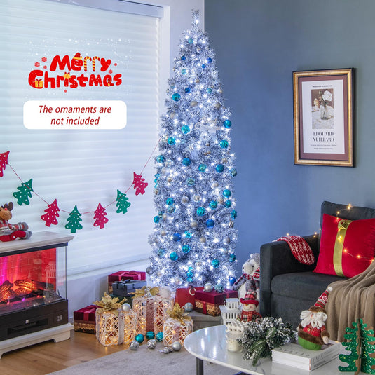 Goplus 7ft Pre-Lit Artificial Pencil Christmas Tree with 350 Cool-White LED Lights