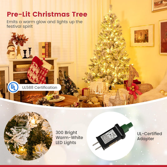 Goplus 3-Minute-Setup Pre-Lit Snow Flocked Christmas Tree Artificial Hinged Xmas Tree