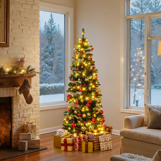 Goplus 6FT / 7FT Pre-Lit Spiral Christmas Tree with Branch Tips Pine Cones Red Berries