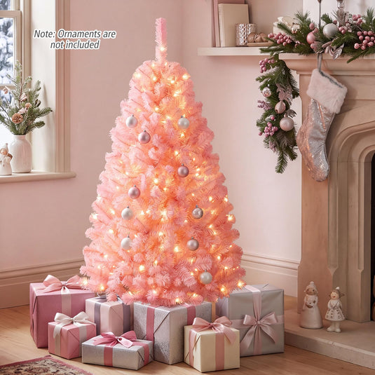 Goplus 4.5ft/6ft/7.5ft/9ft Pre-Lit Pink Christmas Tree with Warm White LED Lights