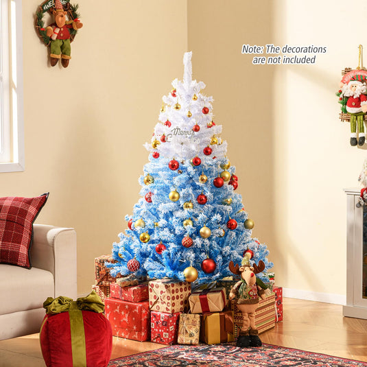 Goplus Snow Flocked Christmas Tree with Lush Branch Tips & Foldable Metal Stan ( Blue Gradient & White )