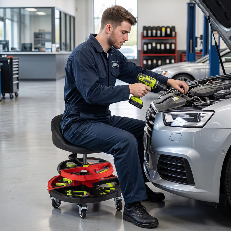 Load image into Gallery viewer, Goplus 360° Rolling Mechanic Stool with 2 Tool Storage Trays
