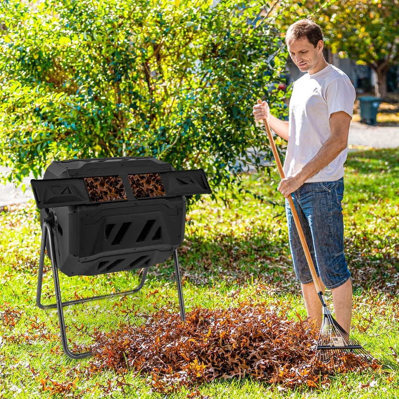 Load image into Gallery viewer, Goplus Compost Bin, 42-Gal Dual Chamber Composting Tumbler w/2 Sliding Doors, Heavy-Duty Metal Frame
