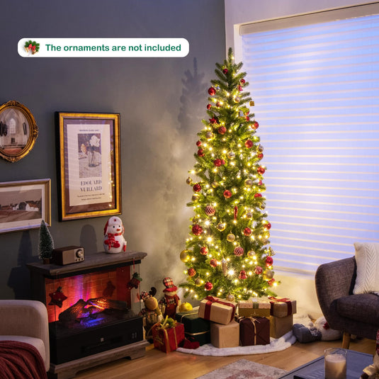 Goplus 5ft Pre-Lit Pencil Christmas Tree, Hinged Artificial Slim Tree with 390 PVC PE Branch Tips