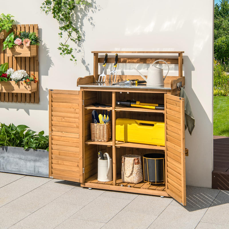Load image into Gallery viewer, Goplus Outdoor Potting Bench Table, Gardening Table w/Storage Cabinet, Galvanized Metal Tabletop
