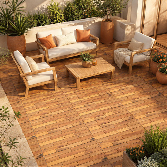 Goplus 12/24-Pack Acacia Wood Interlocking Deck Tiles (Brick) | Tool-Free Assembly