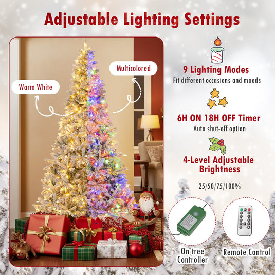 Goplus 7 FT Half Snow Flocked Christmas Tree with 240 Warm White & Multicolored LED Lights