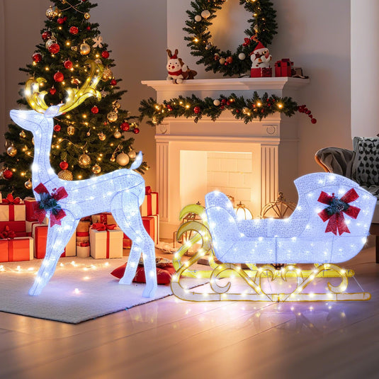 Goplus Lighted Christmas Reindeer and Sleigh w/ 215 LED Lights