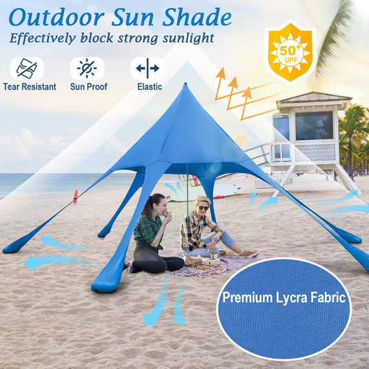 Goplus Beach Canopy, 20 x 20 FT Beach Shade with UPF50+ Sun Protection, Carrying Bag, Sand Shovel, Aluminum Pole, 6 Ground Stake