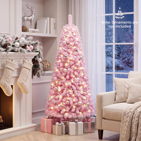 Goplus 5ft/6ft/7ft Pink Pre-Lit Flocked Christmas Trees | Hinged Artificial Xmas Tree