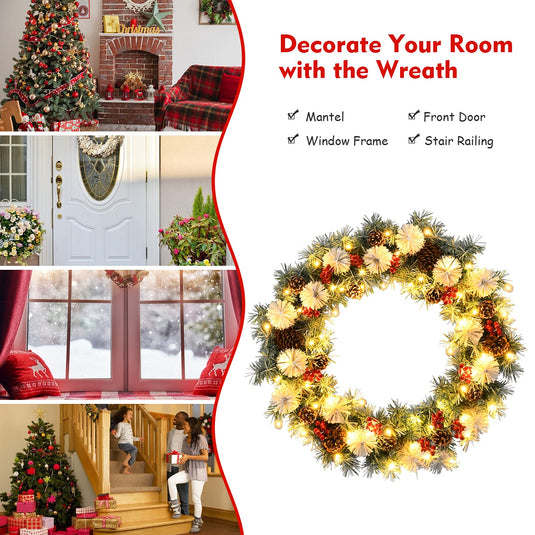 Goplus 30” Pre-lit Christmas Wreath Snow Flocked Lighted Xmas Wreath w/ 50 LED Lights