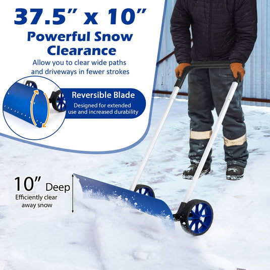 Goplus Snow Shovel for Driveway, Aluminum Snow Pusher with Wheels & 37.5” Extra Wide Bi-Directional Blade